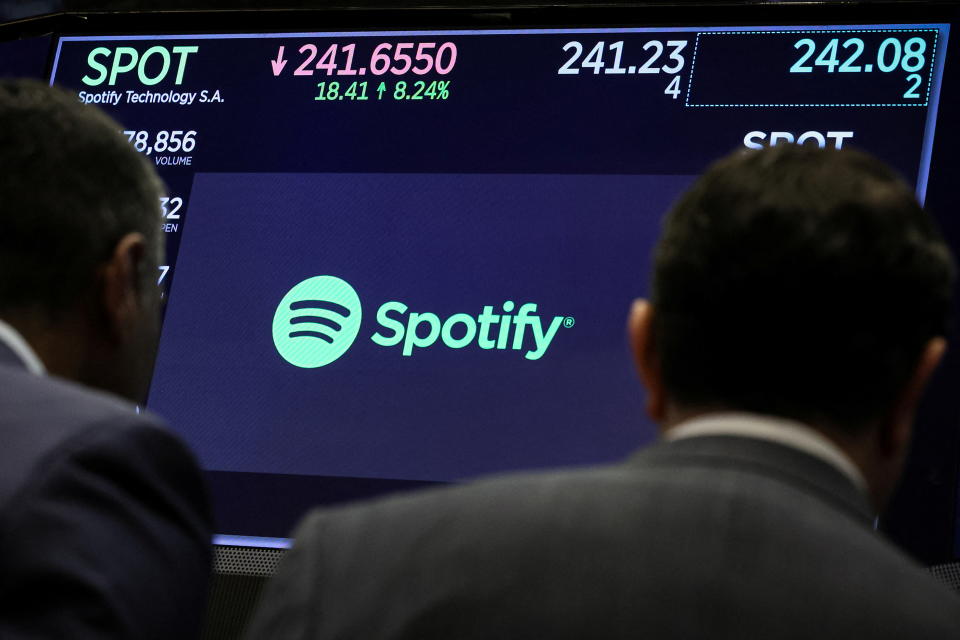 A screen shows the symbol and trading information of Spotify on the floor of the New York Stock Exchange (NYSE) in New York City, US, February 6, 2024. REUTERS/Brendan McDermid